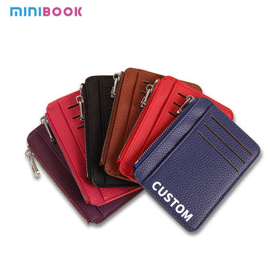 Customize ID Card Holder Wallet Leather with Zipper and 4 Slots Pocket Solid Color