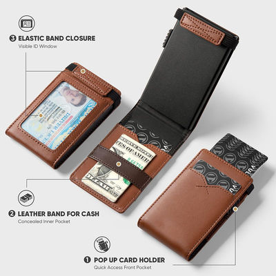 Custom Logo Vegan Leather RFID Protection Automatic Pop Up Card Holder with ID Window