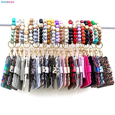Leopard Keychain Wallet With Wristlet Bangle Bracelet Silicone Beads Bracelet PU Logo