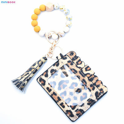 Leopard Keychain Wallet With Wristlet Bangle Bracelet Silicone Beads Bracelet PU Logo