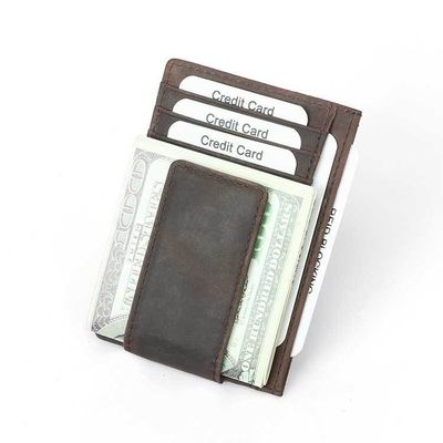 GENUINE LEATHER Vintage Cow Slim Front Pocket Rfid Blocking Card Holder Wallet Men Strong Magnet Leather Money Clip