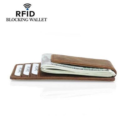 GENUINE LEATHER Vintage Cow Slim Front Pocket Rfid Blocking Card Holder Wallet Men Strong Magnet Leather Money Clip