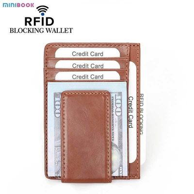 GENUINE LEATHER Vintage Cow Slim Front Pocket Rfid Blocking Card Holder Wallet Men Strong Magnet Leather Money Clip