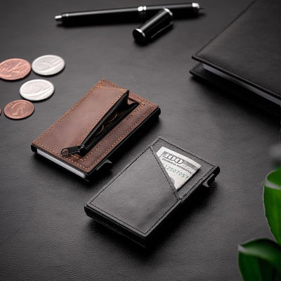 Men's Business Automatic Pop-Up Ultra-Thin RFID Card Holder in Contrasting Leather