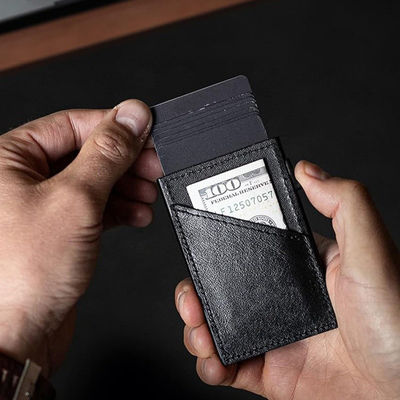 Men's Business Automatic Pop-Up Ultra-Thin RFID Card Holder in Contrasting Leather
