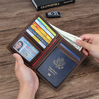 Fashionable Genuine Leather Passport Cover Bifold Wallet with RFID Blocking Cowhide