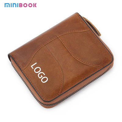 None Pattern Genuine Leather RFID Blocking Card Holder with Zipper and Custom Logo