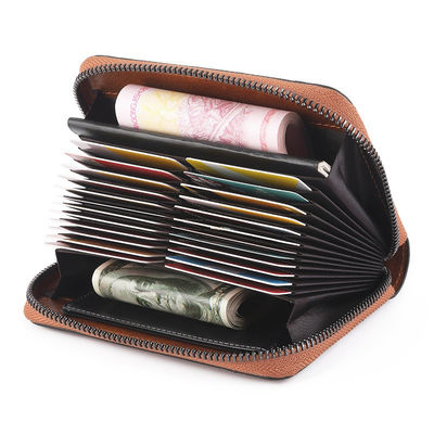 None Pattern Genuine Leather RFID Blocking Card Holder with Zipper and Custom Logo