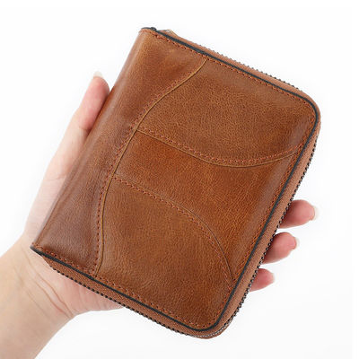 None Pattern Genuine Leather RFID Blocking Card Holder with Zipper and Custom Logo