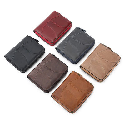 None Pattern Genuine Leather RFID Blocking Card Holder with Zipper and Custom Logo