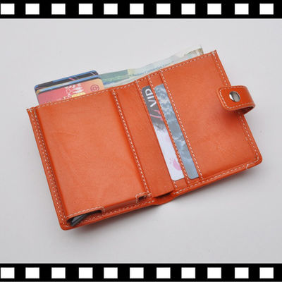 Pop Up Aluminum Case Genuine Leather RFID Business Card Holder with None Pattern Type