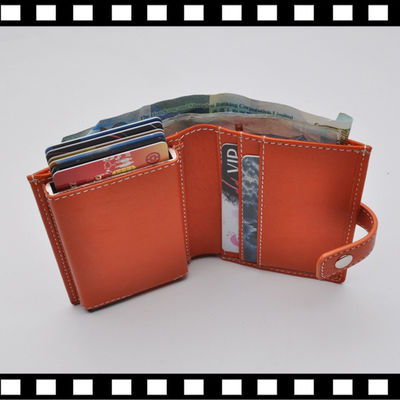 Pop Up Aluminum Case Genuine Leather RFID Business Card Holder with None Pattern Type