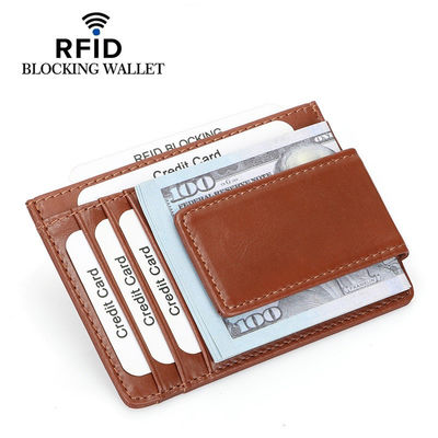 Men's Fashion Genuine Leather Slim Card Holder with Strong Magnet and RFID Blocking