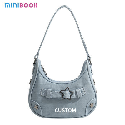Polyester Lining Material Trending Denim Jean Rivets Tote Bag Customized for Women