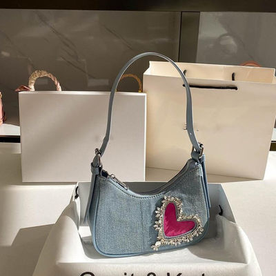 2024 Women's Denim Heart-shaped Bags Zipper Shoulder Handbag with Underarm Strap