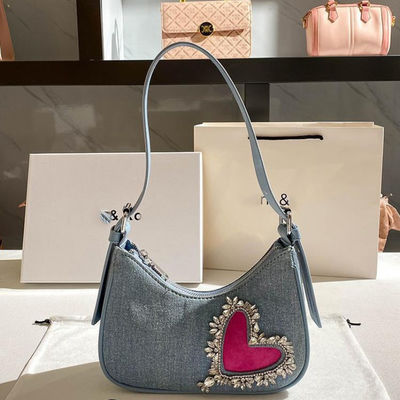 2024 Women's Denim Heart-shaped Bags Zipper Shoulder Handbag with Underarm Strap