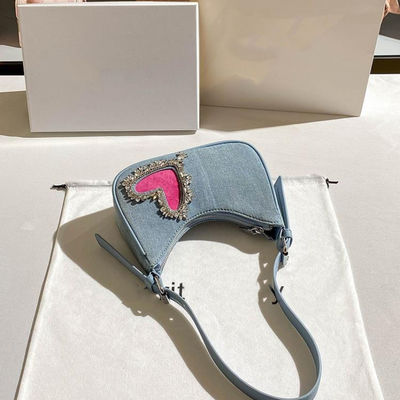 2024 Women's Denim Heart-shaped Bags Zipper Shoulder Handbag with Underarm Strap