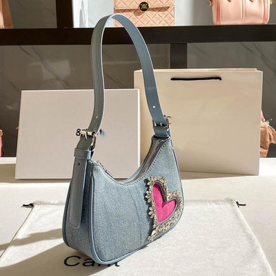 2024 Women's Denim Heart-shaped Bags Zipper Shoulder Handbag with Underarm Strap