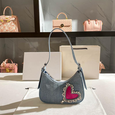 2024 Women's Denim Heart-shaped Bags Zipper Shoulder Handbag with Underarm Strap