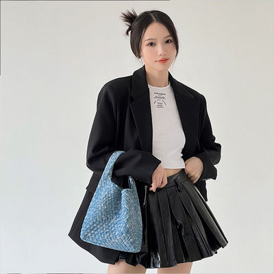 Feminine Women's Shoulder Bags Jean Denim PU Woven Bag for Daily Ladies Handbag Purse