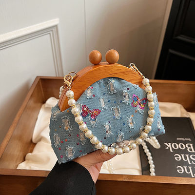 Chic Denim Women Small Shoulder Bag Quilted Crossbody Jean Denim Purse with Pearl Chain