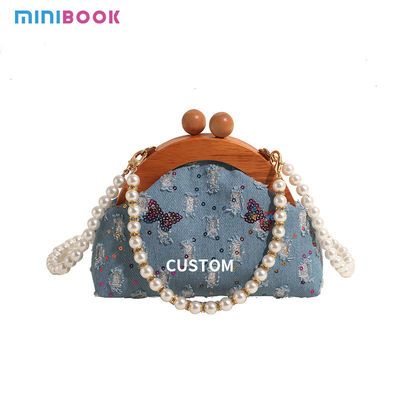 Chic Denim Women Small Shoulder Bag Quilted Crossbody Jean Denim Purse with Pearl Chain