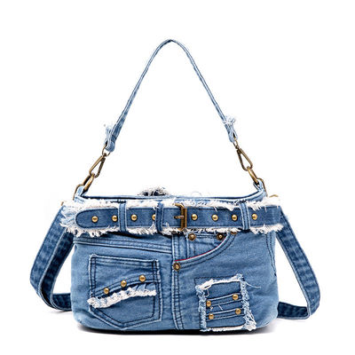 Denim Shoulder Bag Luxury Vintage Zipper Jean Pants Design Belt Tie Purse for Women
