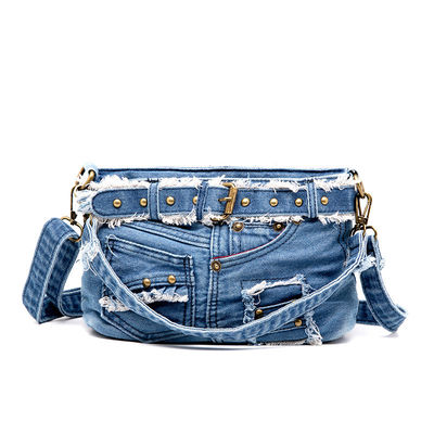 Denim Shoulder Bag Luxury Vintage Zipper Jean Pants Design Belt Tie Purse for Women