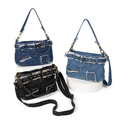 Denim Shoulder Bag Luxury Vintage Zipper Jean Pants Design Belt Tie Purse for Women
