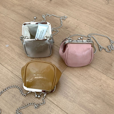 Portable Genuine Leather Mini Coin Purse Keychain Shoulder Bag with Chain Sling