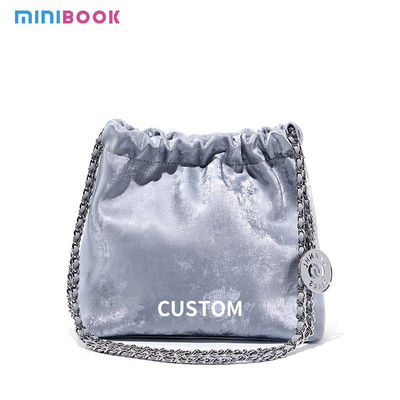 Women's Mini Bucket Bags with String Chain and Waterproof Design Bright Shiny Leather