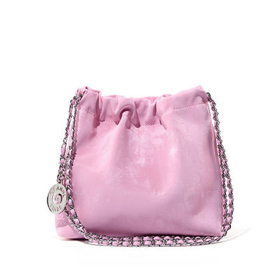 Women's Mini Bucket Bags with String Chain and Waterproof Design Bright Shiny Leather