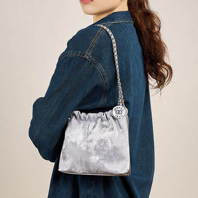 Women's Mini Bucket Bags with String Chain and Waterproof Design Bright Shiny Leather