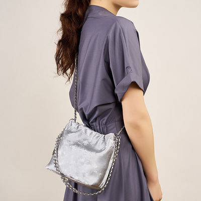Women's Mini Bucket Bags with String Chain and Waterproof Design Bright Shiny Leather