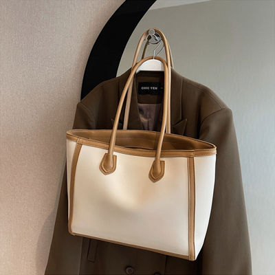 Vintage Style Women's Tote Bag PU Fabric Stitching Shoulder Bag with Large Capacity