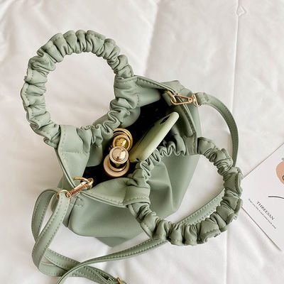 Women's Waterproof Mobile Phone Bucket Bag with Pleated Design and PU Leather