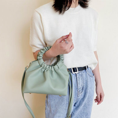 Women's Waterproof Mobile Phone Bucket Bag with Pleated Design and PU Leather