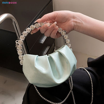 Custom Logo Women's Half Moon Clutch Purse with Chic Pleated Design and Diamond Handle