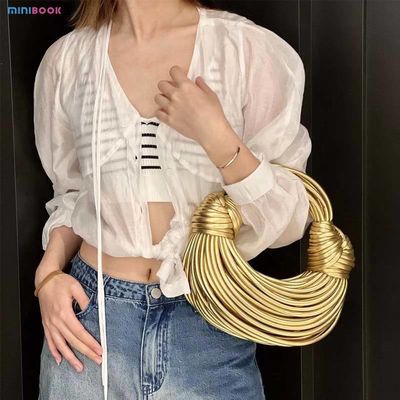 Solid Color Pattern Double Knotted Shoulder Bag Casual Small Handmade Tote for Women