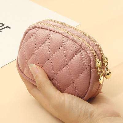 Double Zippers Genuine Leather Mini Keychain Coin Pouch for Women's Daily Needs