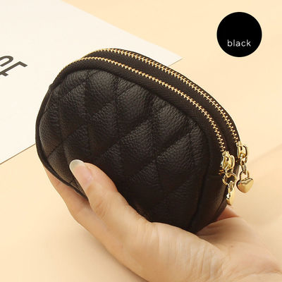 Double Zippers Genuine Leather Mini Keychain Coin Pouch for Women's Daily Needs