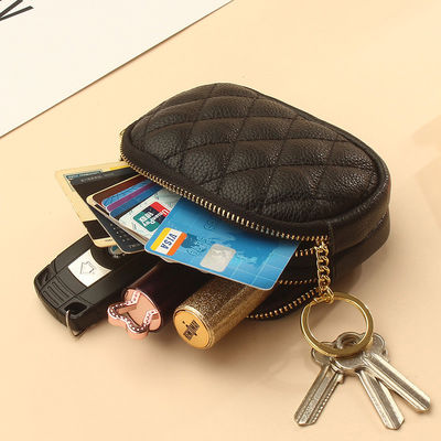 Double Zippers Genuine Leather Mini Keychain Coin Pouch for Women's Daily Needs