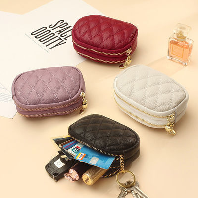 Double Zippers Genuine Leather Mini Keychain Coin Pouch for Women's Daily Needs