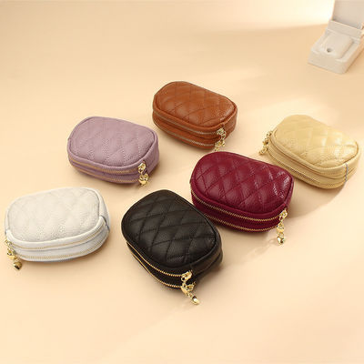 Double Zippers Genuine Leather Mini Keychain Coin Pouch for Women's Daily Needs