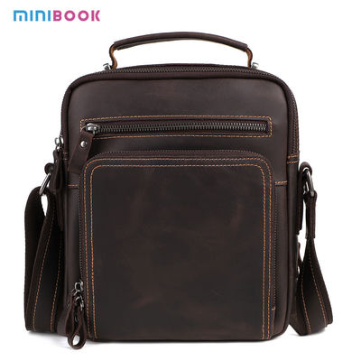 9.7 Inch Genuine Leather Men's Shoulder Messenger Bag with Multiple Pockets and No Decoration