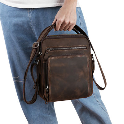9.7 Inch Genuine Leather Men's Shoulder Messenger Bag with Multiple Pockets and No Decoration