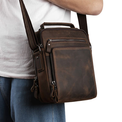 9.7 Inch Genuine Leather Men's Shoulder Messenger Bag with Multiple Pockets and No Decoration