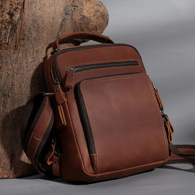 9.7 Inch Genuine Leather Men's Shoulder Messenger Bag with Multiple Pockets and No Decoration