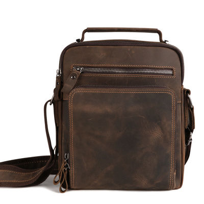 9.7 Inch Genuine Leather Men's Shoulder Messenger Bag with Multiple Pockets and No Decoration