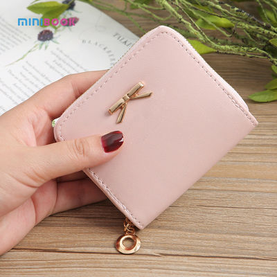 Custom Bowknot Letter Logo Short Purses Small Zipper Coin Bag For Women